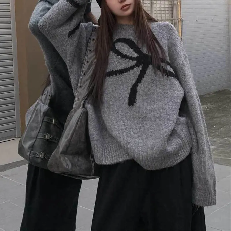 

Casual Bow Knitted Jumpers Autumn Winter Stylish Jacquard Weave Female Clothing O-Neck Loose Korean Basic Long Sleeve Sweaters