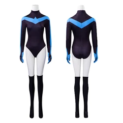Black and Blue Costume Jumpsuit Haloween Superhero Bodysuit with Gloves Stockings Full Set for Women