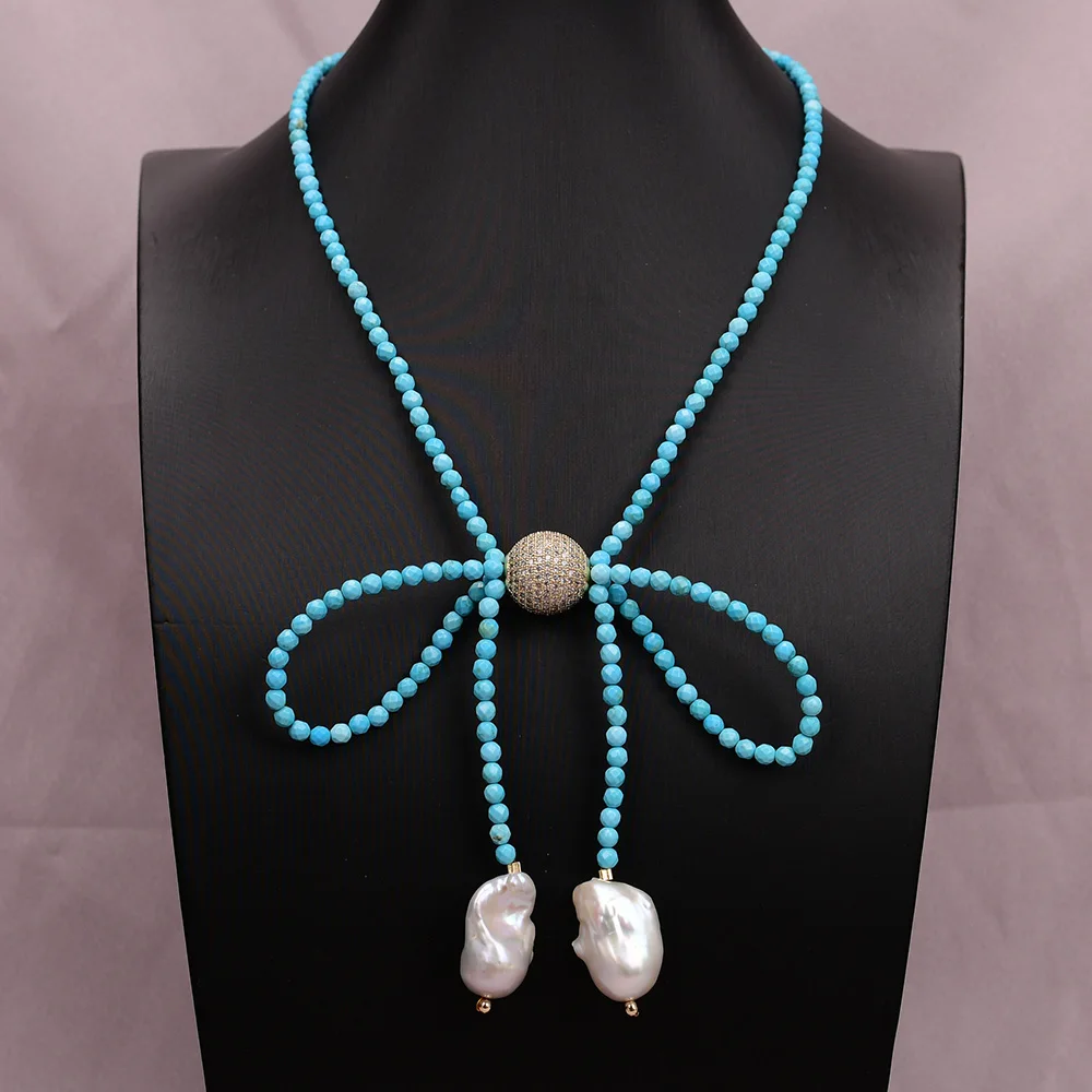 

G-G 18" Blue Faceted Turquoise Cz Ball Chokers Necklace White Baroque Pearl Pendant