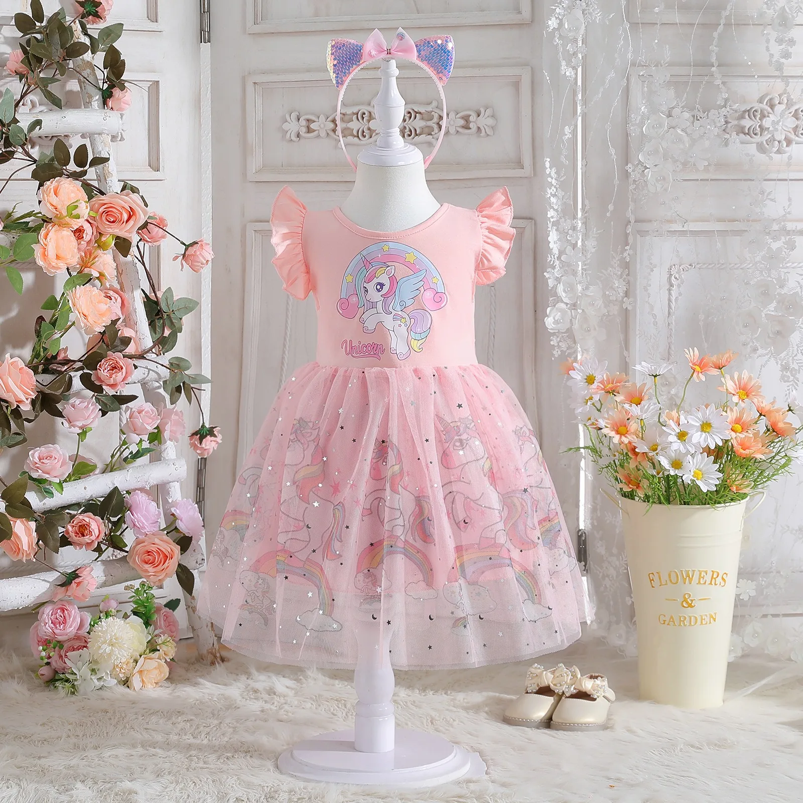 

Unicorn Girls Dress Pink Kids Clothes 2025 New Summer Short sleeve Princess Dresses Party Baby Dresses for Children Rainbow 2-8Y