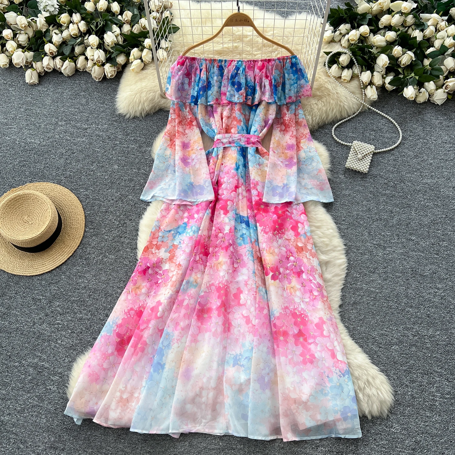 Elegantes, gespleißtes, langärmliges, gerüschtes Vintage-Chic-Ballkleid mit schmalem Ballkleid, französische High-Street-Abendkleidung