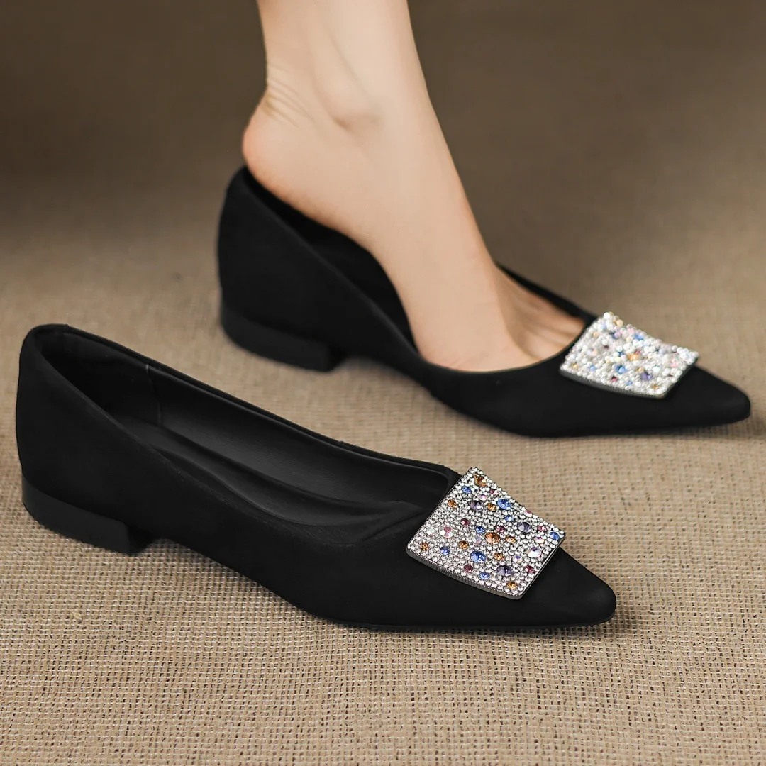 

danxuefei women's natural suede leather pointed toe crystal buckle slip-on flats elegant ladies casual daily shoes for woman hot