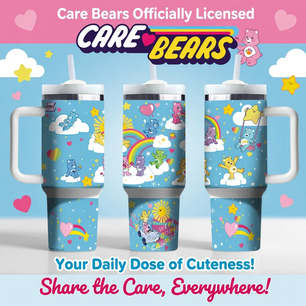 1pc 40oz Sky Blue Cloud Rainbow Heart Care Bears Print Stainless Steel Tumbler with Handle Straw for Car Camping Office Daily