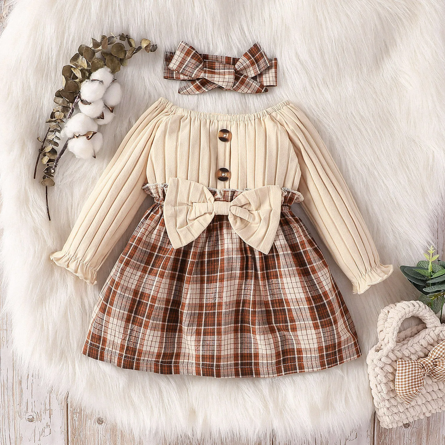 

PatPat 2pcs Baby Girl 95% Cotton Rib Knit Bow Front Long-sleeve Spliced Plaid Dress with Headband Set