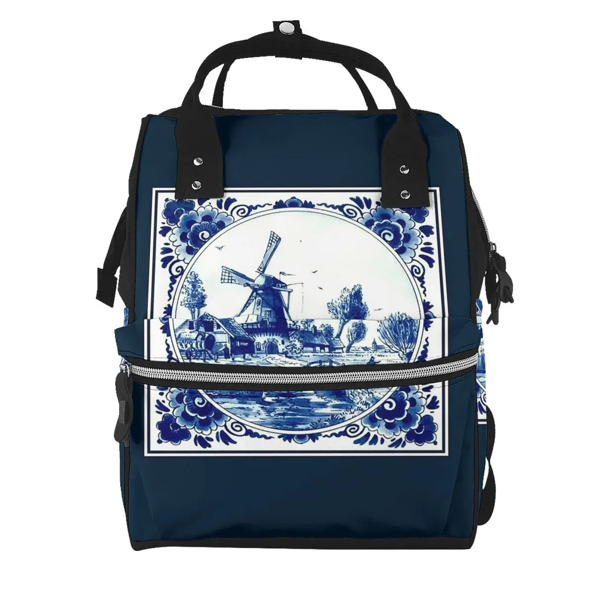 DUTCH BLUE DELFT Vintage Windmill And Bridge Print Student Backpack School Bag Daypack for Men Women Bookbag Shoulder Bags