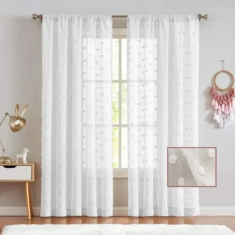 White Pom pom Sheer Curtains Room Divider Modern Voile Window Treatment for Girl