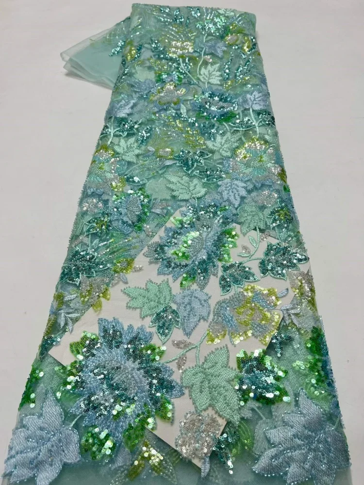 

Latest African Beaded Lace Fabric High-Quality Nigerian Sequins Lace Fabric for Women's Evening Wedding Dresses 5 Yards