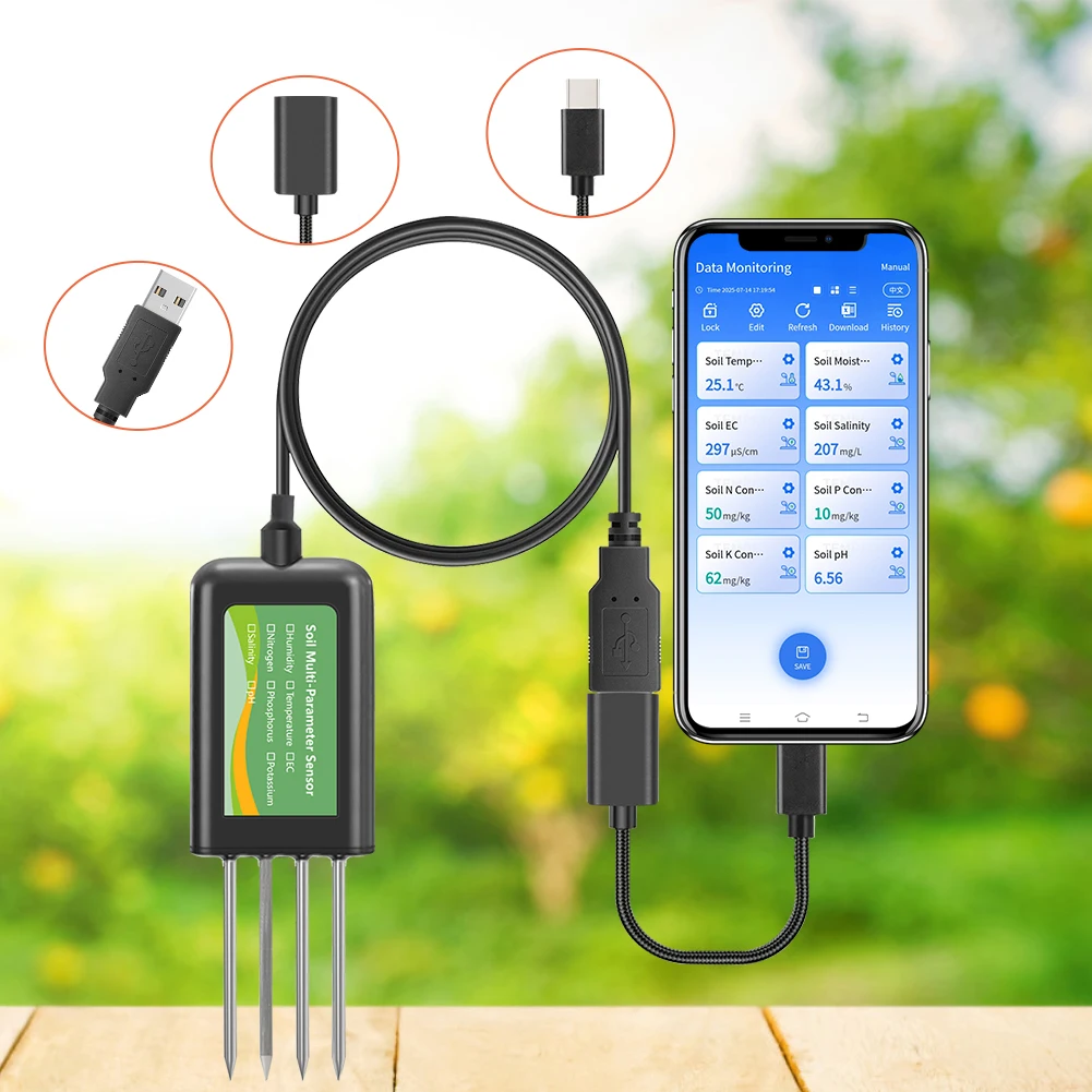 YAGO Soil Sensor 8 in 1 for Agriculture pH EC Moisture NPK Tester Android/HarmonyOS USB Smart Soil Meter for Precision Farming