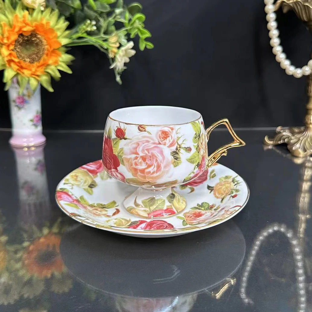 French Full Flower Coffee Cup Plate Thin Tire Coffee Cup High Foot Afternoon Tea Red Flower Cup Exquisite English Cup Plate