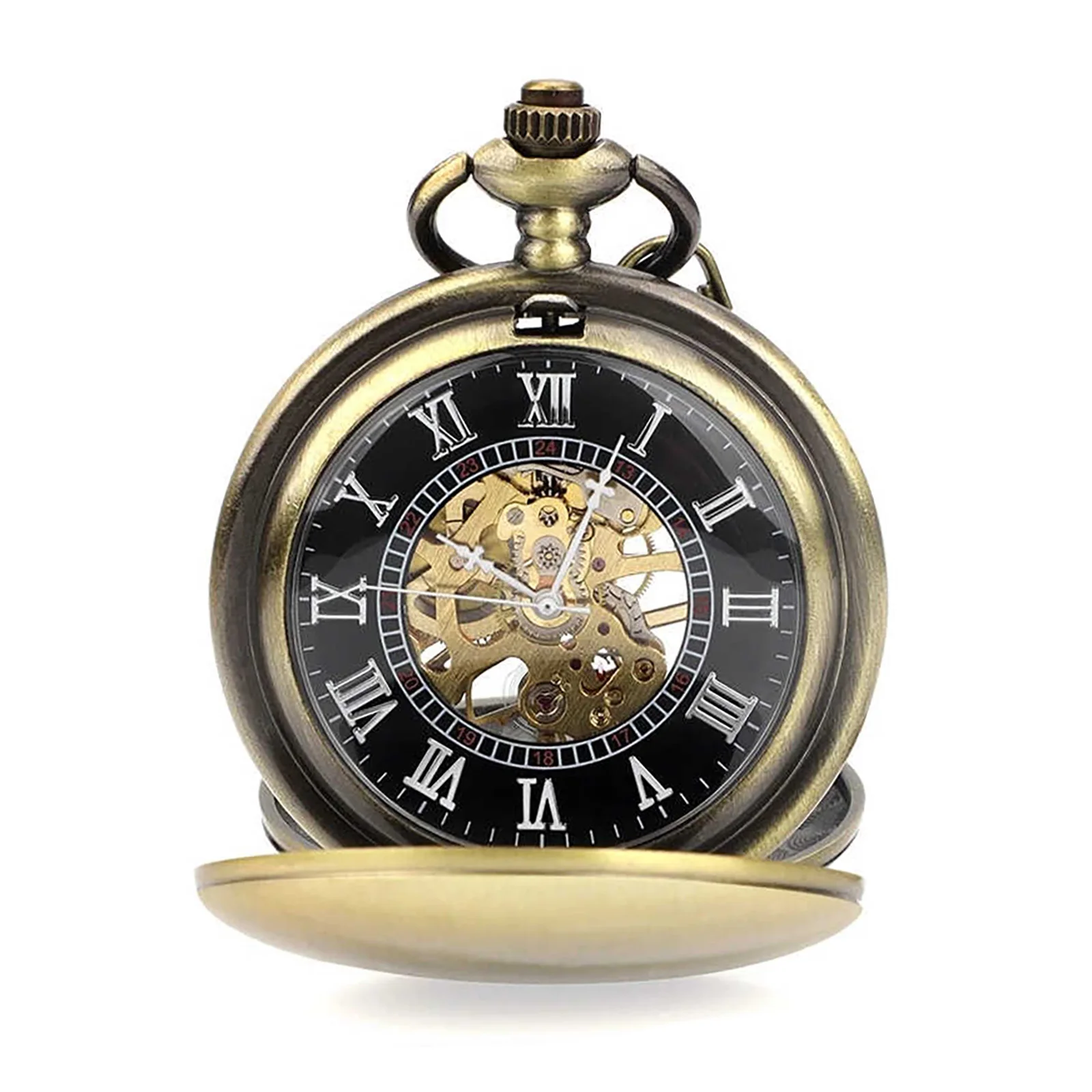 Mechanical Pockt Watch Hand Winding Watch Roman Numeral Skeleton Dial Men Fob Watch with Chain 14.6in Necklace Pendant Gift