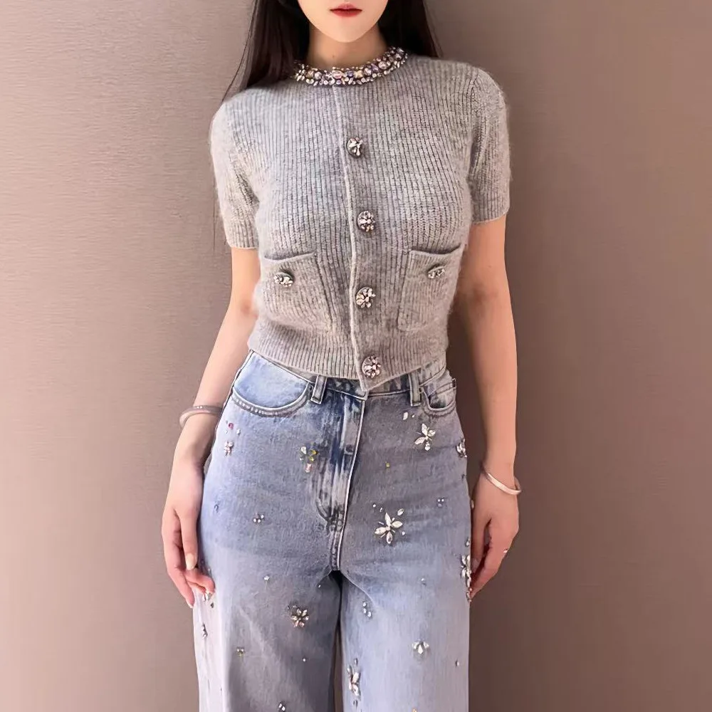 2025 autunno e inverno nuovo cardigan tempestato di diamanti da donna girocollo manica lunga top eleganti da donna