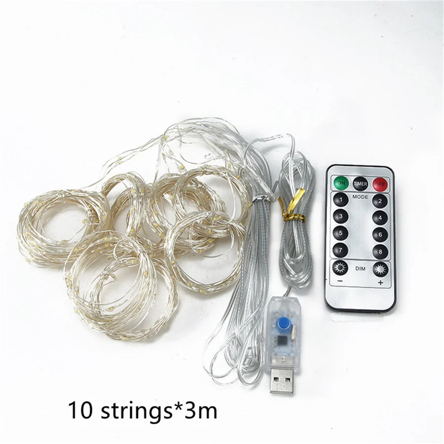 3X3M LED USB Copper Wire Curtain String Light Remote 8 Modes Christmas Garland Fairy Lights for Home Party Wedding Bedroom Decor