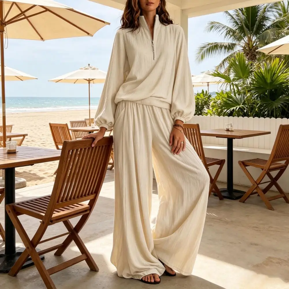 Conjunto de dos piezas de pantalón holgado para mujer, ideal para otoño: Top de cuello alto con media cremallera y pantalón de pierna ancha, o camisa de manga farol holgada.