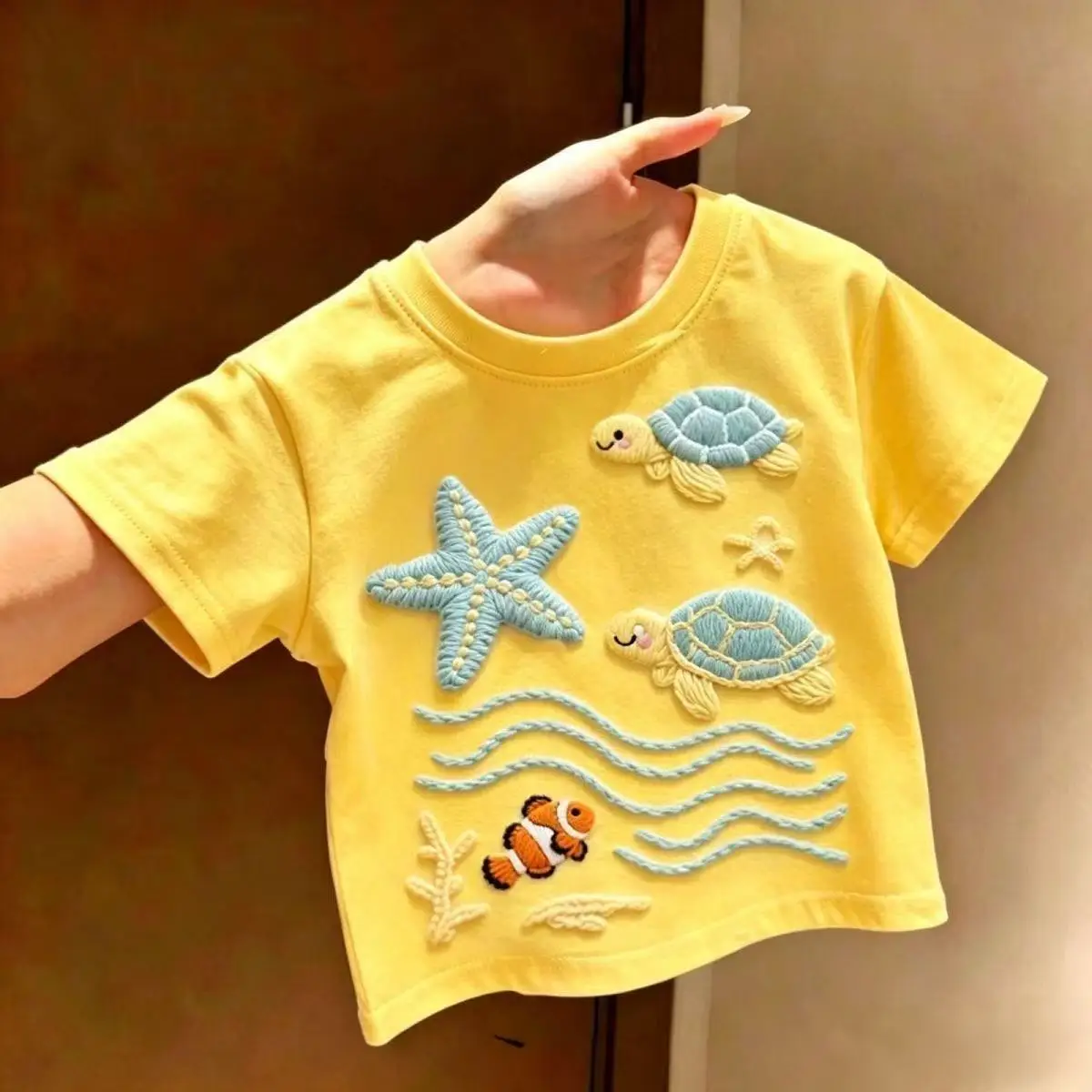 Ocean Theme Kid Tshirt 3D Embroidered Turtle Starfish and Fish Graphic Short Sleeve Crew Neck Casual Tee for Children Daily Wear