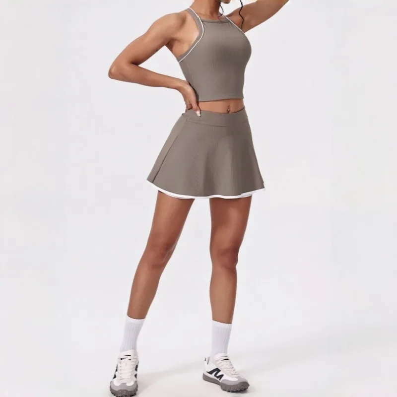 

Женский комплект для йоги из 2 предметов, спортивный костюм для бега на открытом воздухе, спортивный жилет, комплект с короткой юбкой для фитнеса, облегающий комплект из 2 предметов с высокой талией