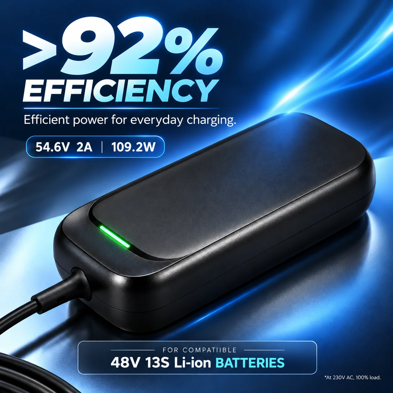 54.6V 2A Battery Charger for 48V 13S Li Ion Electric Bike Scooter Fanless Power Adapter 109.2W LED Indicator Multiple Protections with 4 Adapter Cables XLR 3 Pin GX16 3 Pin RCA DC 2.5 and Built In DC 2.1 Output 90-264V AC Input