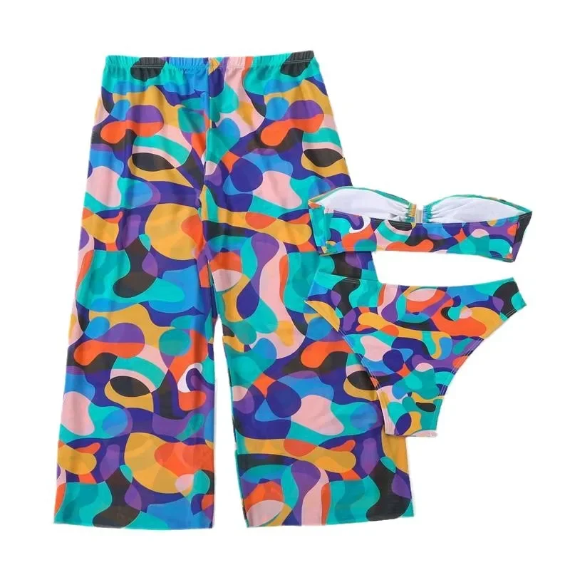 3-х предметный комплект бикини без бретелек с принтом, женский купальник с длинными брюками, женский купальный костюм, купальный костюм, пляжная одежда