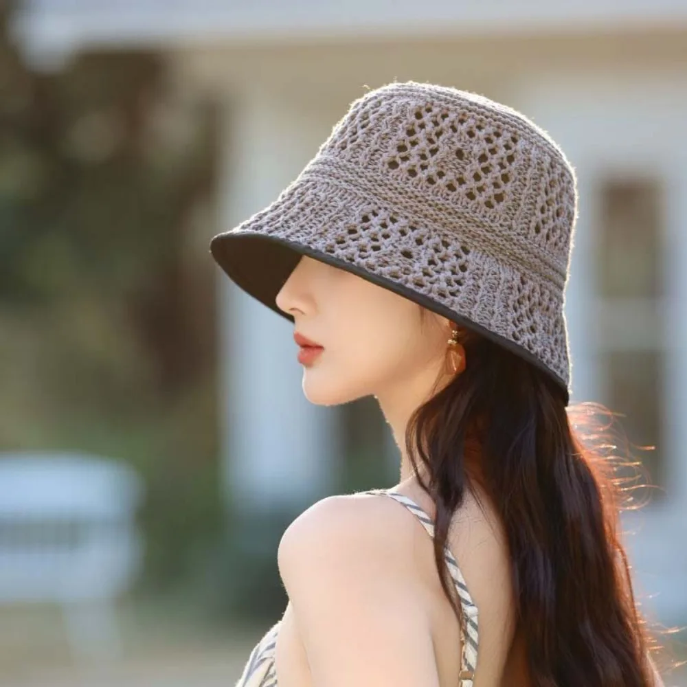 

Temperament Knitted Bucket Hat Breathable Hollow Out Woven Fisherman Hat Anti-UV French Style Sunshade Basin Cap Travel