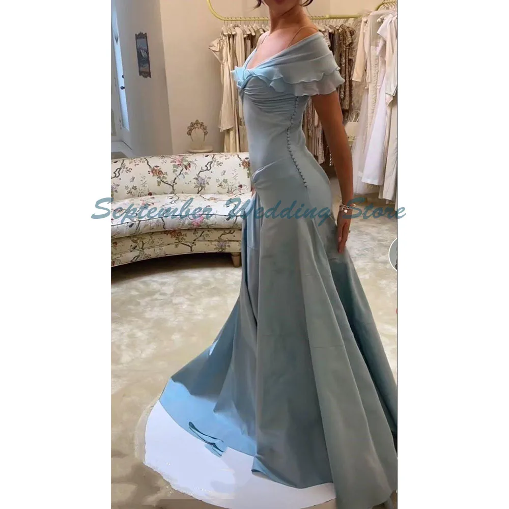 Vestidos de Noche sencillos de color azul bebé para mujer, vestidos hasta el suelo de alta calidad con tren de barrido de sirena, vestidos de fiesta de graduación para mujer de manga corta