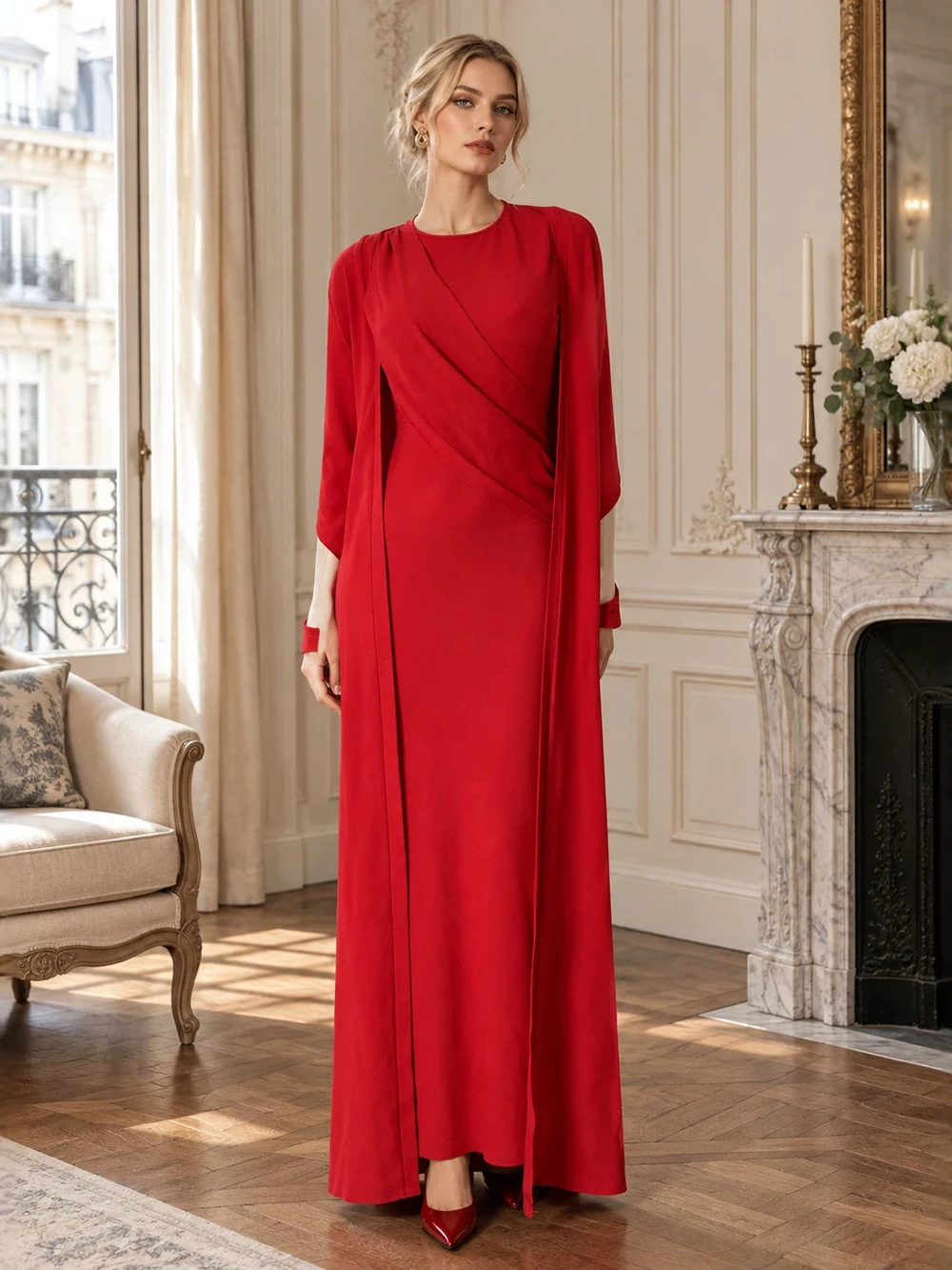 Modphy Autumn Solid Sleeveless Pleated Slim Fit Dress+Long Coat Two-Piece Dress With Elegant Temperament, Banquet Evening Dress