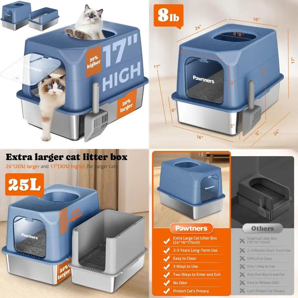 

Очень большой кошачий лоток из нержавеющей стали с передним входом и верхним выходом, контролем запаха, съемной крышкой и лопаткой, защитой от утечек, легко чистится