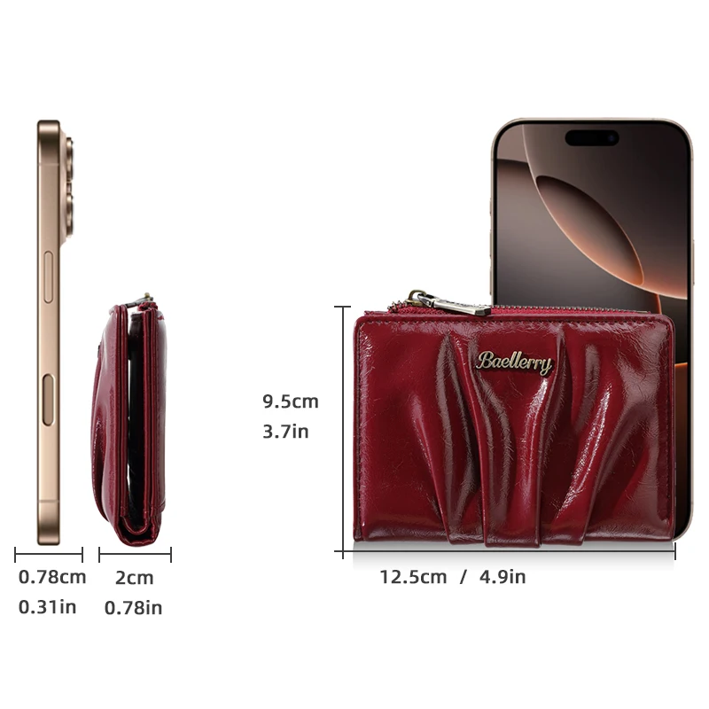 1 Stück Retro Plissierte Glänzende Öl-Wachs-PU Damen-Kurzgeldbörse, Doppelt Faltbare Schnappgeldbörse, Reißverschluss-Münzfach + Ausweisfenster, Geeignet für Outdoor-Dates, Geschenk für Frauen – Detail 2