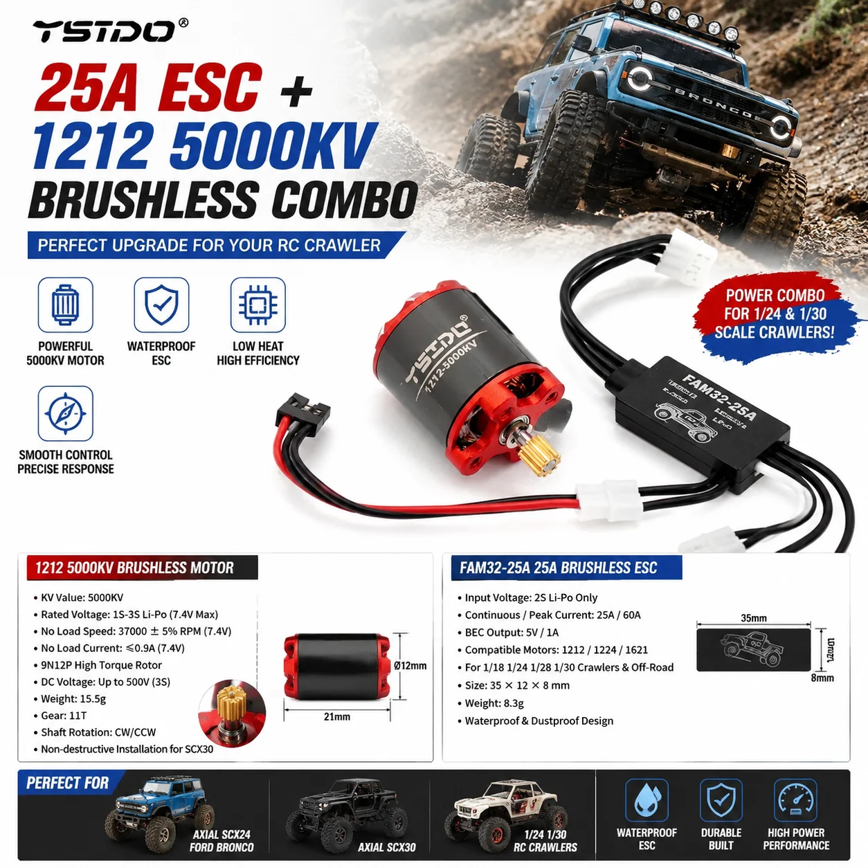 YSIDO 25A ESC With 1212 5000KV Outrunner Motor Brushless Combo for 1/24 1/30 RC Rock Crawler Axial SCX30 Ford Bronco SCX24 Upgra