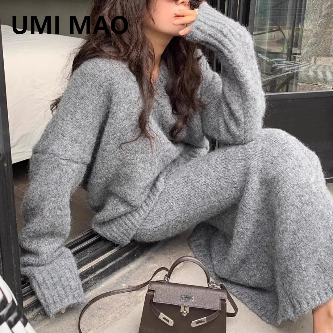 

UMI MAO Lazy Style Sweater Set Dress Women Autumn Winter V-neck Pullover Knitted Wool Top And Skirt Fashion Two-piece Set