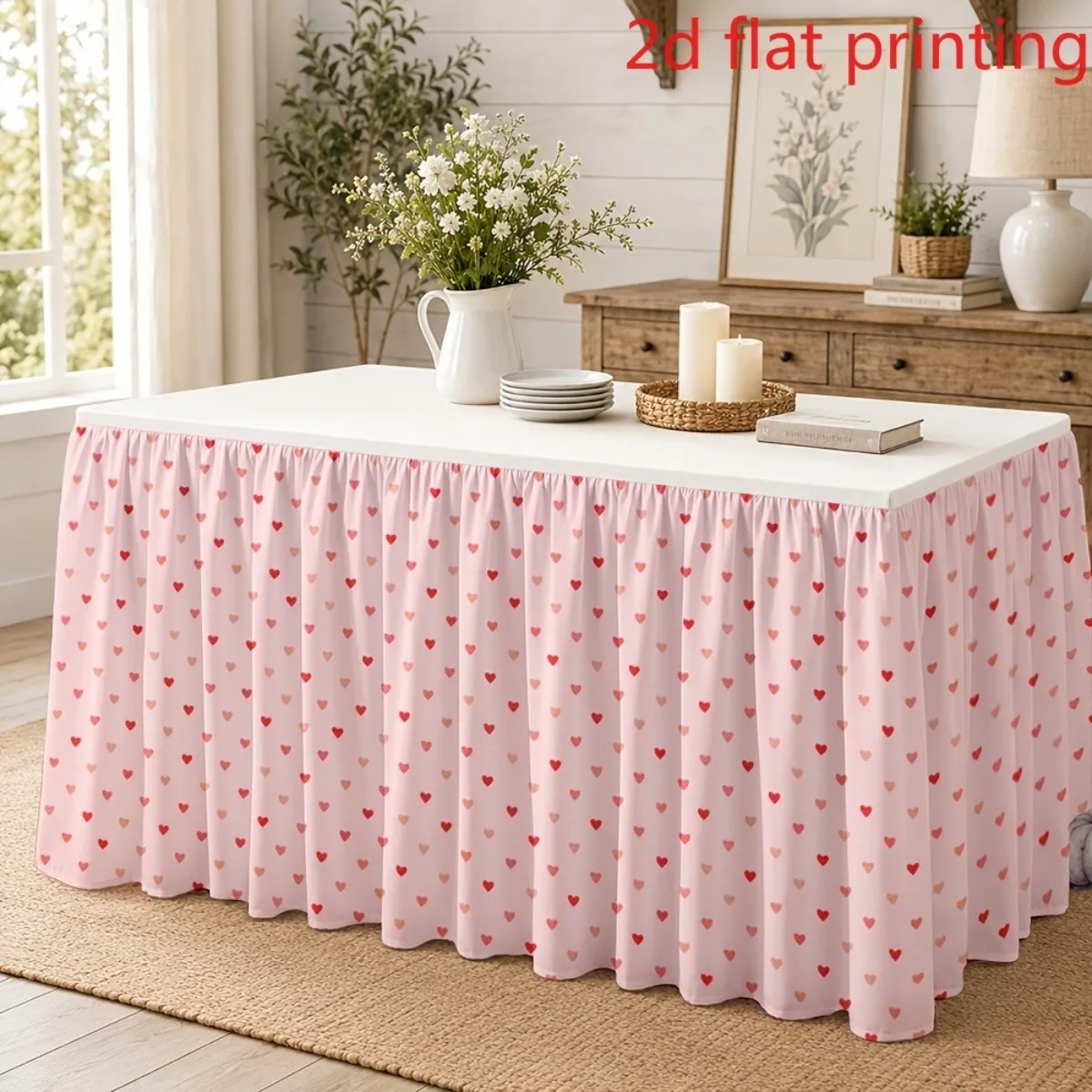 tableskirt 1 piece 2D flat printing With a pattern of small pinkish-red hearts, it is a party table skirt.