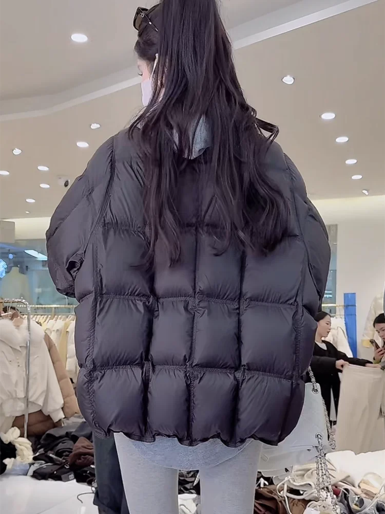 Loose Women's down Jacket round Neck White Duck Feather Padded Coat Korean Style Commute Thickened Long Sleeve Zipper Closure
