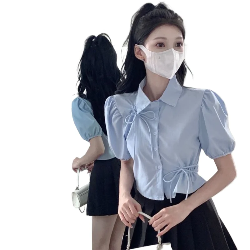 Puff Sleeve Bow Blue Shirt for Women in Summer New Waist-hugging Short Hollow Top