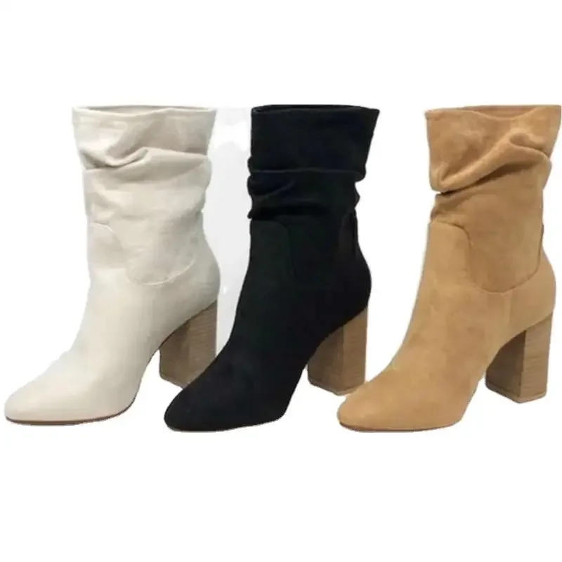 High Heel Ankle Boots Women Fashion Suede Boots Thick Heel Ladies Shoes Slip on Short Boots for Woman Shoes Drop Ship Plus Size