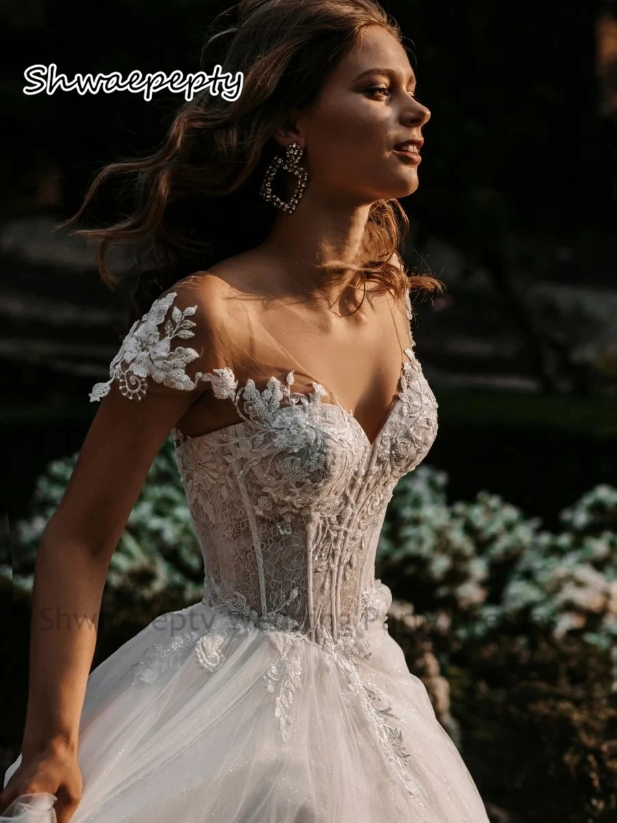 Princess Long Wedding Dress Short Sleeves A Line Ivory Tulle Bridal Gowns Lace Appliques Backless Corset Bride Formal Gown 2024