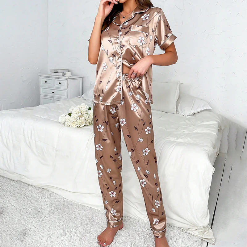 Ladies Floral Print Pajamas Set Autumn Short Sleeve Buttons Top & Elastic Waistband Pants Women\'s Sleepwear Loungewear Pj Sets