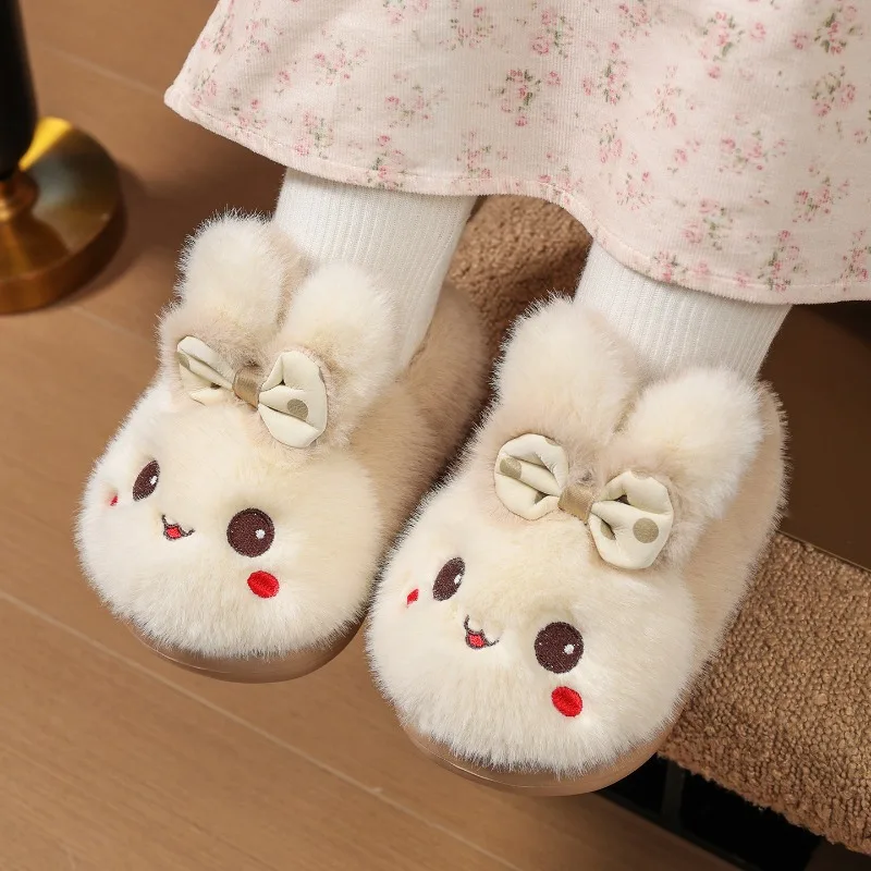 Cute Cartoon Bunny Closed Back Cotton Slippers for Girls Winter Warm Fluffy Floor Slippers Kids Anti-slip Indoor Home Shoes