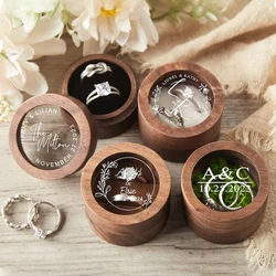 Personalized Wooden Engagement Ring Box Custom Wedding Round Black Walnut Doublt Slot Jewelry Case Anniversary Ring Proposal Box