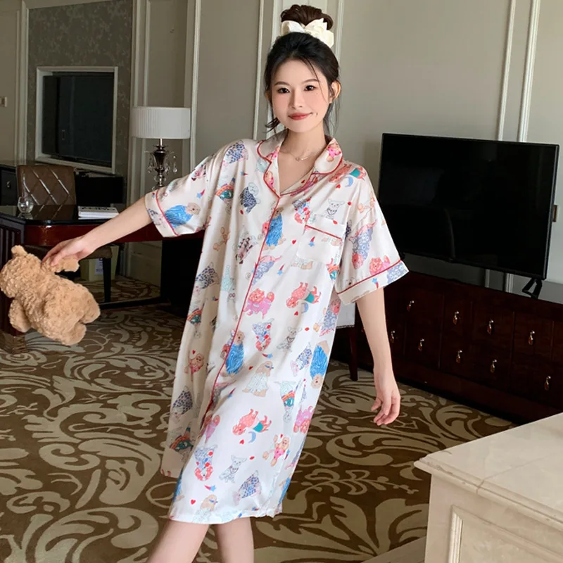 Faux Silk Satin Pajamas Women\'s Nightgowns Cardigan Ice Silk Shirt Skirt Cartoon Printed Nightdress Leisure Night Gown Dressing