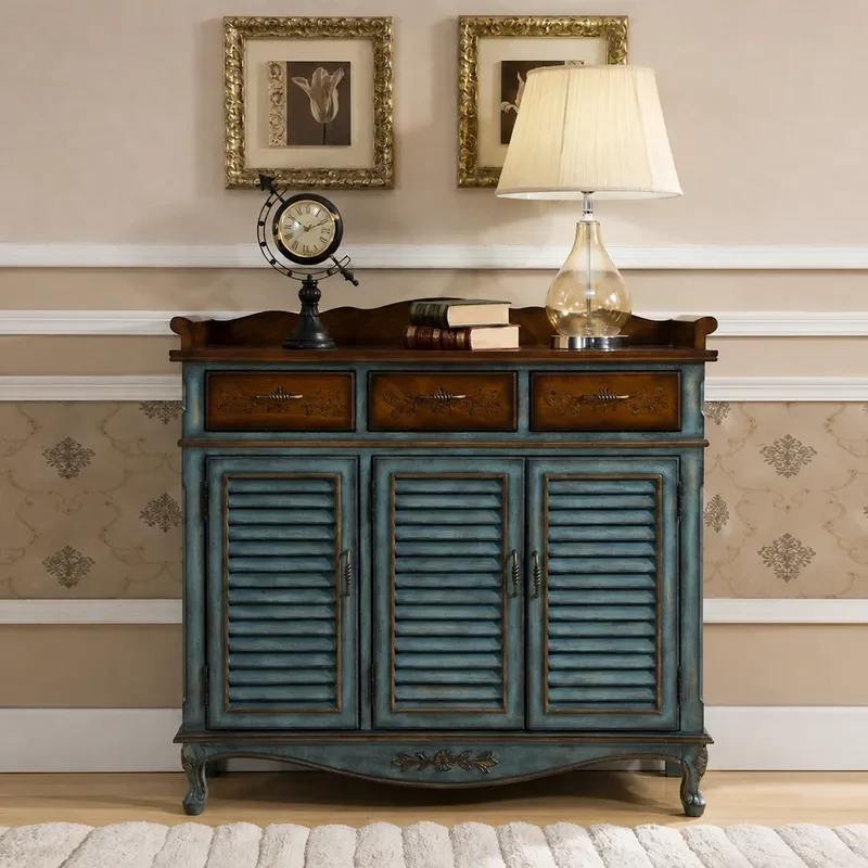 Retro Blue Multi Layer Shoe Rack Entrance Cabinet Integrated Shoe Storage Unit Factory Wholesale Complete Set for Home