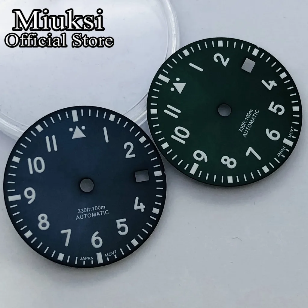 Miuksi 29mm black white blue green sterile watch dial luminous fit NH35 ETA 2824 2836 Miyota8215 Mingzhu DG2813 3804 movement