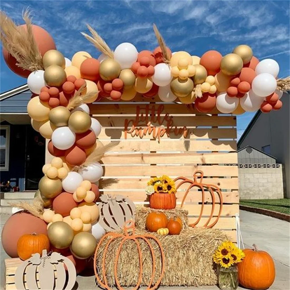 114Pcs Little Pumpkin Baby Shower Balloon Garland Kit Burnt Orange Apricot Chrome Gold Ballons for Autumn Fall Party Decorations