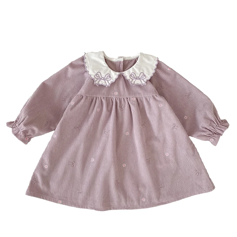 2026 Baby-Mädchen Cordkleid Süße Stickerei Schleife Peter-Pan-Kragen Langarm Prinzessinnenkleid Frühling Winter Lässiges Partykleid – Detail 17