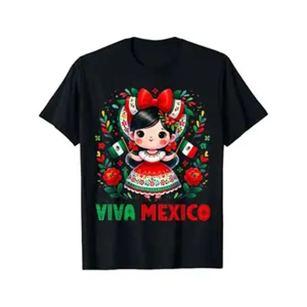 Mexican Graphic Cotton T-Shirt - Cute Mexico Girl Print, Men's/Toddler Short-Sleeve Crew Neck Top, Smooth Soft Seamless Casual Fabric, Breathable Lightweight Summer Sports Outdoor Wear