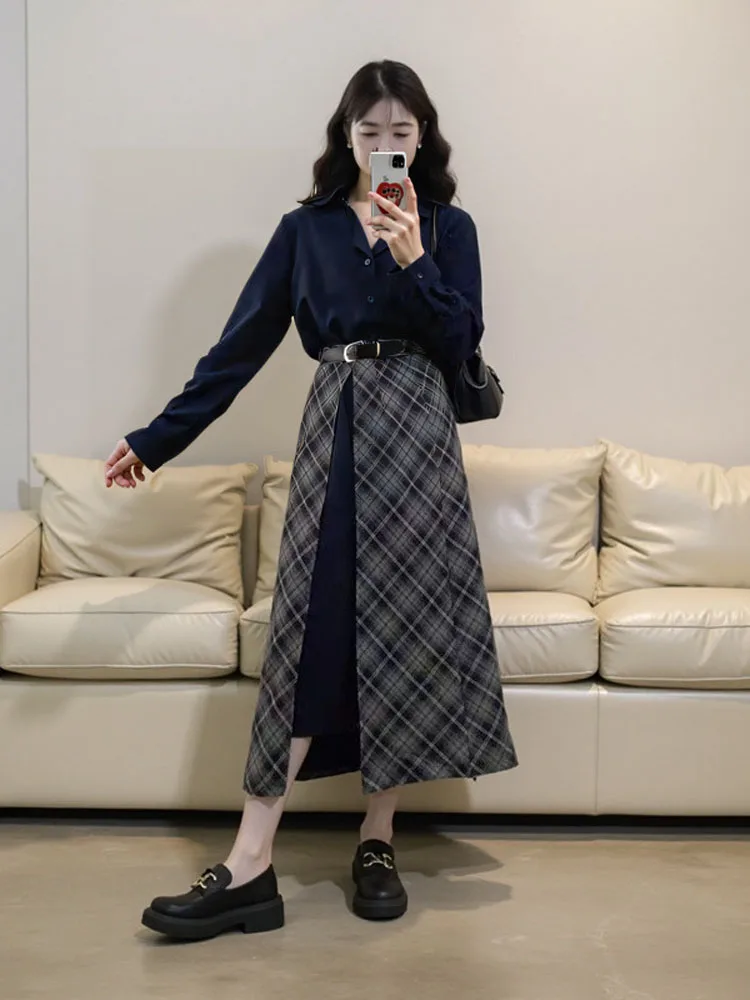 

150Kg Plus Size Women's Bust 153 Spring Loose Retro Long Sleeved Shirt Dress+Split Half Skirt Two-Piece Set 5XL 6XL 7XL 8XL 9XL