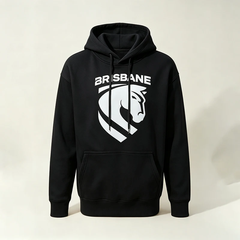 Brisbane Adult Black Puff Print Hoodie, 100% Cotton Fleece Winter Warm Hoodie