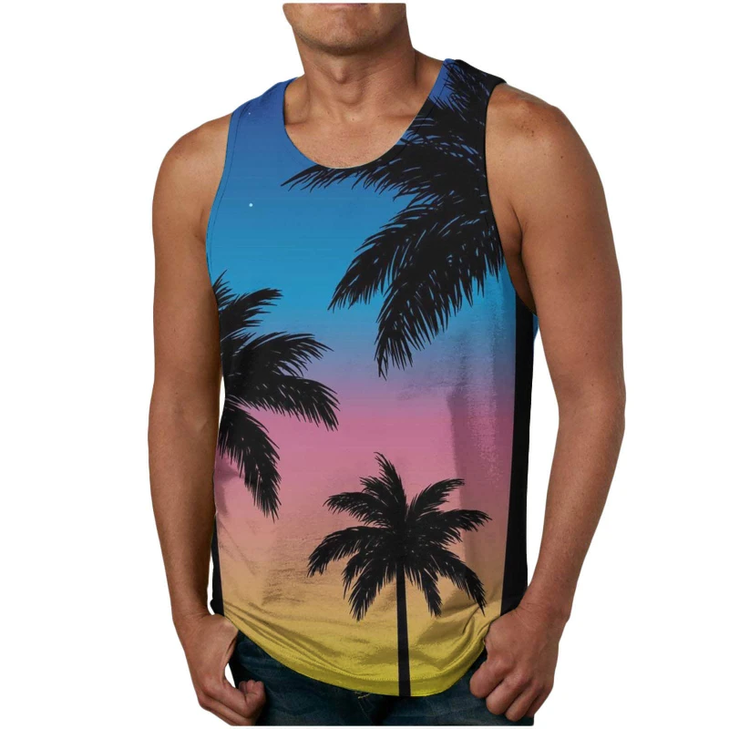 Hawaiian Style Men's Tank Tops 3D Print Coconut Tree Graphic Loose Casual Vest Men Outdoor Vacation Travel Seaside Gym Y2k Tops