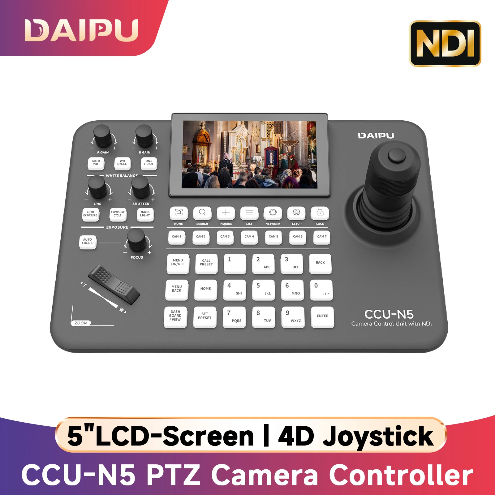 

DAIPU NDI PTZ Camera Controller 5" LCD-Screen 4D Joystick for Church Live Streaming Conference Education Broadcast Youtube Live