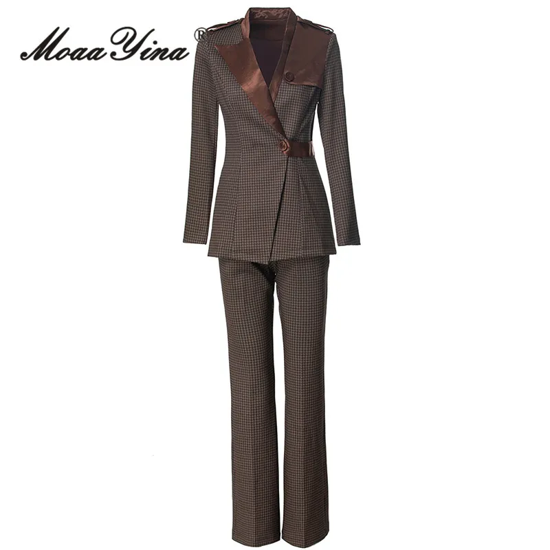 

MoaaYina 2025 Autumn/Winter Office V-Neck Single Button Top+Straight Leg Pants Line Checkered Two-Piece Set