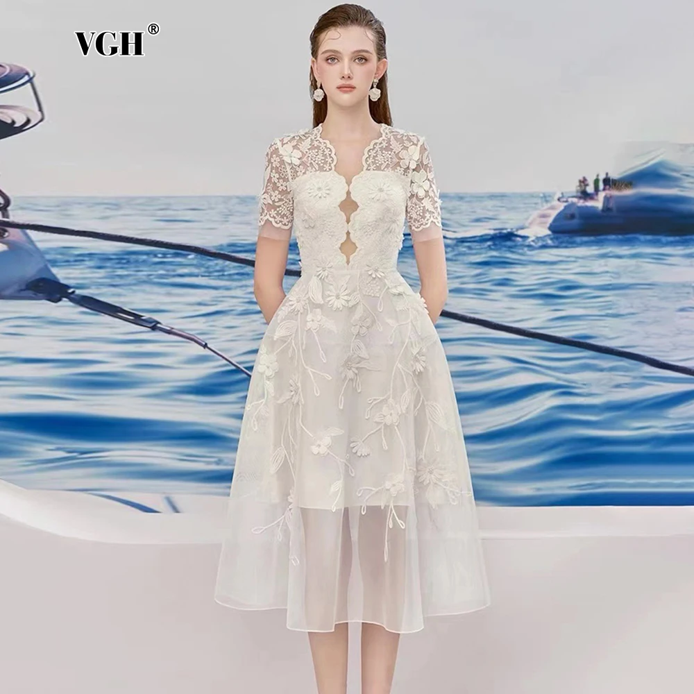 

VGH Temperament Hollow Out Floral Lace Dresses For Women V Neck Short Sleeve High Waist Elegant Slimming Dress Female Fashion