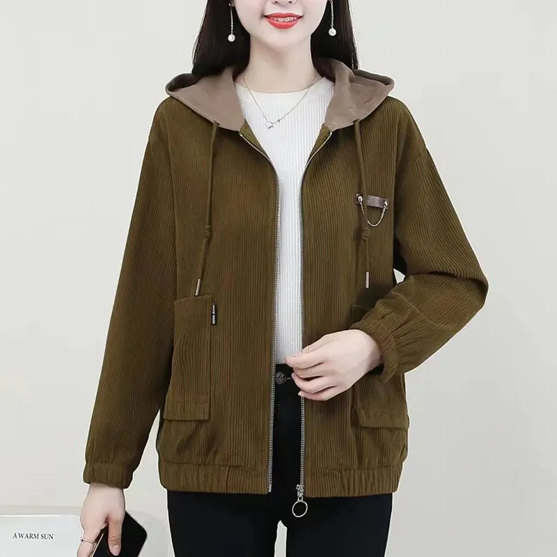 Spring Autumn Women Corduroy Jacket 2023New Fashion Mid-Aged Single Breasted Hooded Short Coat Female Casual Outerwear Lady Tops