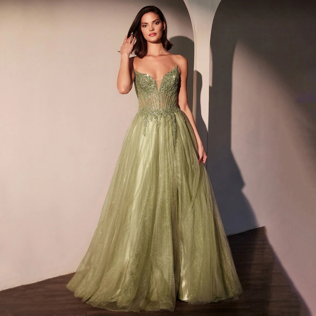 

Luxurious Sage Strapless Beading Prom Dresses Tulle Sweetheart Backless A-line Alit Princess Evening Dress Sparkly Ball Gowns